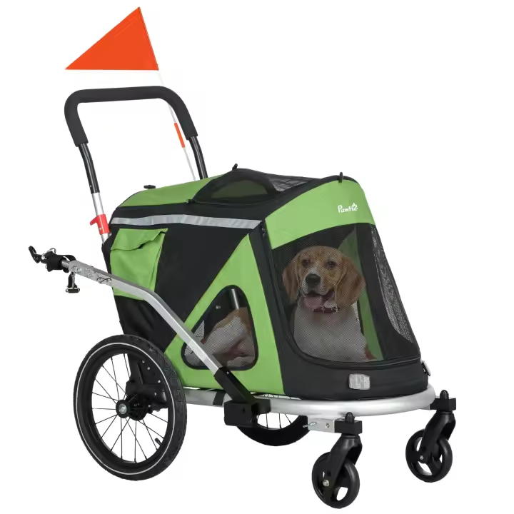 PawHut Remolque de bicicleta 2 en 1 para perros Remolque para perros Cochecito para perros con correa de seguridad, cochecito para perros con reflectores para perros medianos de hasta 20 kg, tejido Oxford, aluminio verde - 1