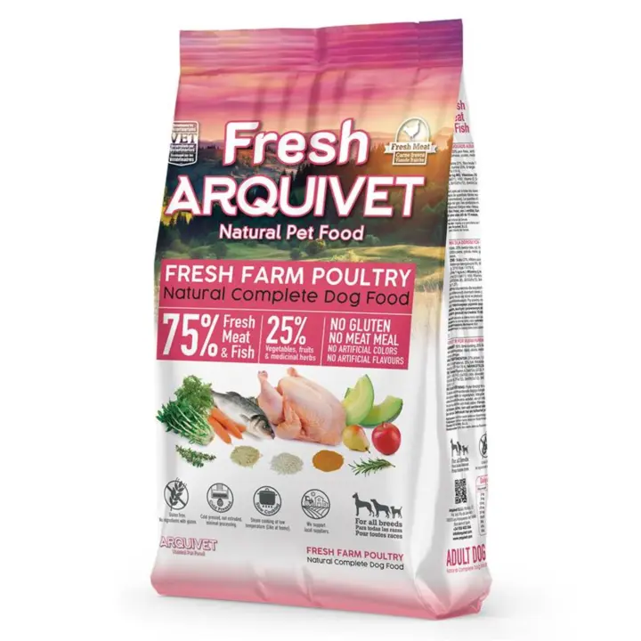 Arquivet Fresh Farm Poultry - Alimento completo semihumedo para perros adultos de todas las razas  - 100gr - 2.5kg - 10kg - 55% de pollo fresco, 20% de pescado y 25% de vegetales - Prensado en frio - Sin harinas carnicas - Sin Gluten - 1