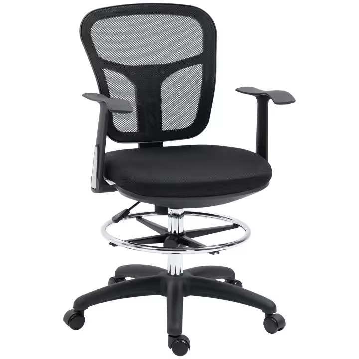 Vinsetto Silla de Dibujo Ergonómica de Malla Silla de Escritorio Giratoria con Reposabrazos Anillo de Reposapiés Ajustable y Altura del Asiento para Salón Oficina 59x59x95-115 cm Negro - 1