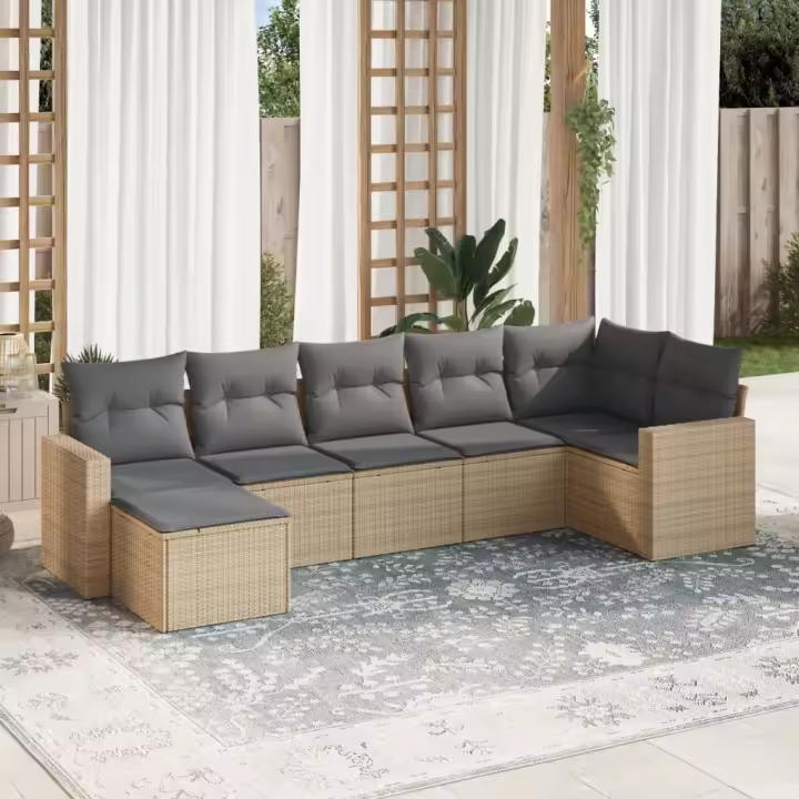 vidaXL Set sofás de jardín 7 piezas y cojines ratán sintético beige - 1
