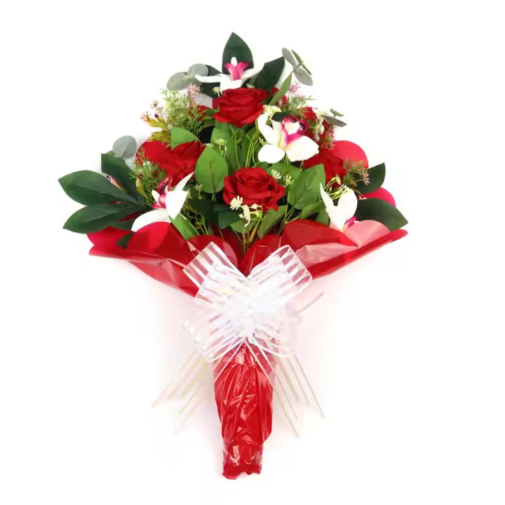 Ramo de Flores Artificiales de Tela para Cementerio arcoirsl - Composición de Rosas y Orquídeas Rojas- Medidas 40×60 cm - Ideal para Todos los Santos - Resistente a Intemperie y Duradero - 1