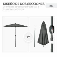 Outsunny Sombrilla de Jardín Ø264x253 cm con Protección UV 50+ Parasol de Aluminio Inclinable con Manivela para Terraza Balcón Exterior Gris - details 5