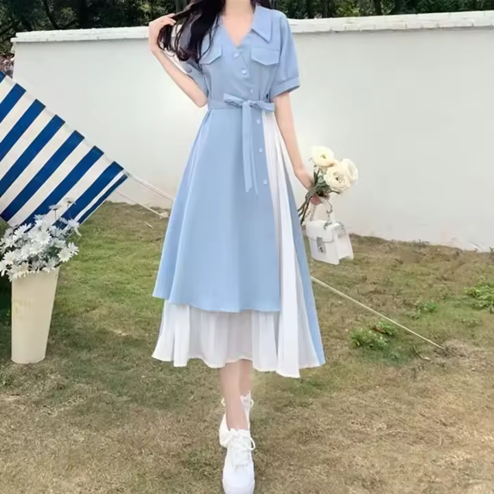 Vestido De Verano Midi Elegante Para Mujer Casual Coreano Dongdaemun Chiffón Vestido A-Line Cuello V Manga Corta Pullover - 1