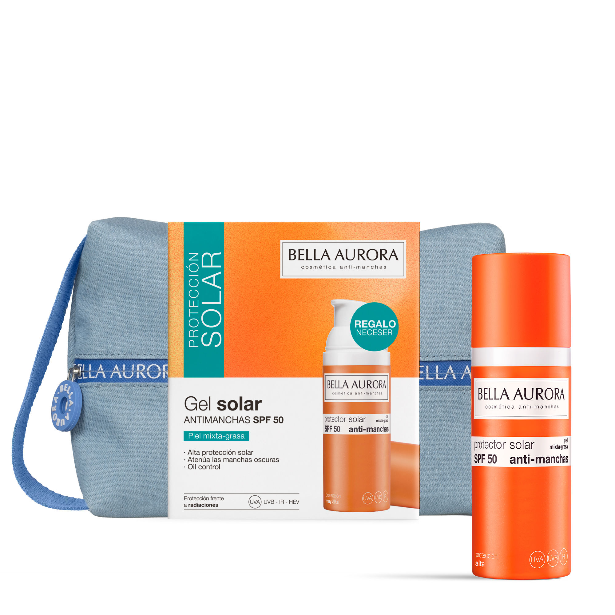 Bella Aurora Pack Crema Solar Antimanchas SPF 50 Piel Mixta-Grasa | Fotoprotección Facial UVA UVB IR HEV | Acabado Mate y Oil Control | Neceser de Regalo | 50 ml