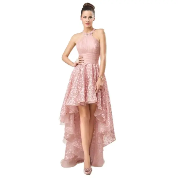 Sin marca Vestido de fiesta rosa palo, tul bordado, con corte asimétrico - 1