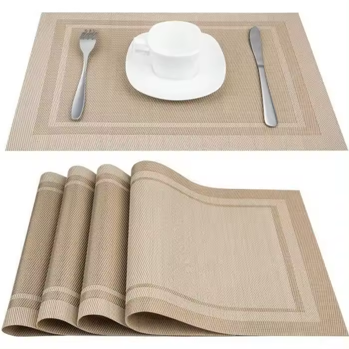 Manteles individuales de PVC antideslizantes, lavables, resistentes al Calor, rectangulares, de Vinilo, 45x30 cm, juego de 6 (beige) - 1