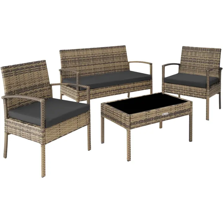 Tectake - Conjunto de Ratán Esparta 3+1, Para el jardín, la terraza, el porche o el patio, Fácil de limpiar, Cojines acolchados para máximo confort, grosor de 5,5 cm - 1