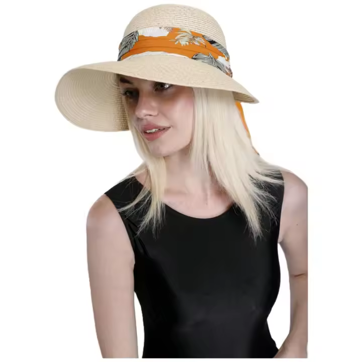 Kebedo Moda Sombrero de Paja para Mujer, Visera de ala Ancha, Banda Floral, Gorro de Sol para Verano, Protección UV, Pamela Plegable, Transpirable y Ligero Talla única ajustable 56-57CM - 1