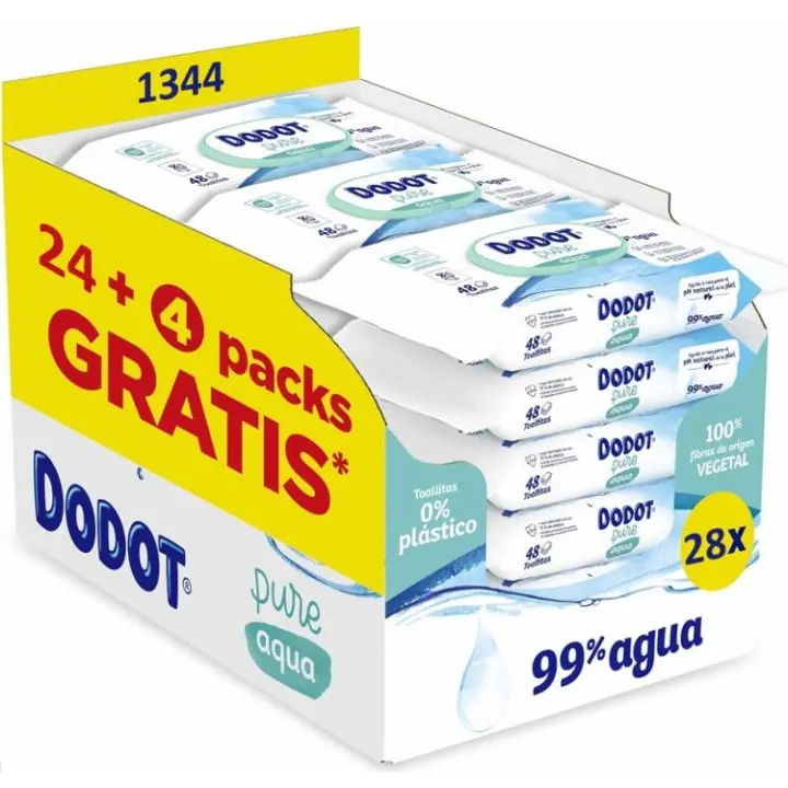 Dodot Toallitas Pure Aqua Para Bebé, Ayuda a restaurar el pH natural de la piel, 99% agua, 1344 Toallitas (28 Paquetes de 48 Toallitas). - 1
