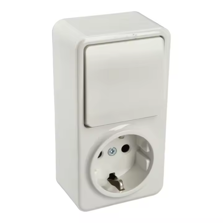 JANDEI Interruptor 2 circuitos + Enchufe Schuko para Instalación en Superficie, Fabricado en Policarbonato Blanco - 1