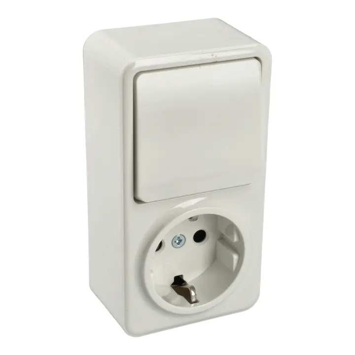 JANDEI Interruptor 2 circuitos + Enchufe Schuko para Instalación en Superficie, Fabricado en Policarbonato Blanco - 1