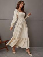 Vestido De Mujer Para Primavera/Verano Con Cuello Cuadrado Y Mangas Largas Ajustado En Cintura Con Volantes Y Corte Flared - details 9