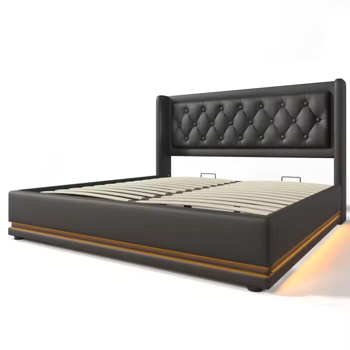 Cama de almacenamiento hidráulico de Material de PU Negro, Cabeza de Cama de almacenamiento with Carga USB type C, función LED de 3 lados (with colchón) - 1