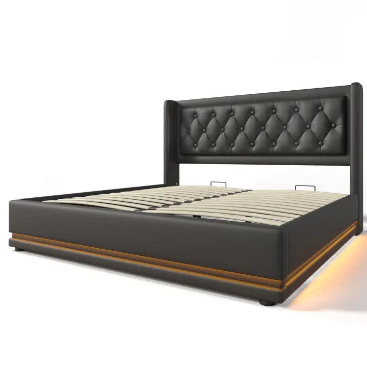 Cama de almacenamiento hidráulico de Material de PU Negro, Cabeza de Cama de almacenamiento with Carga USB type C, función LED de 3 lados (with colchón) - 1