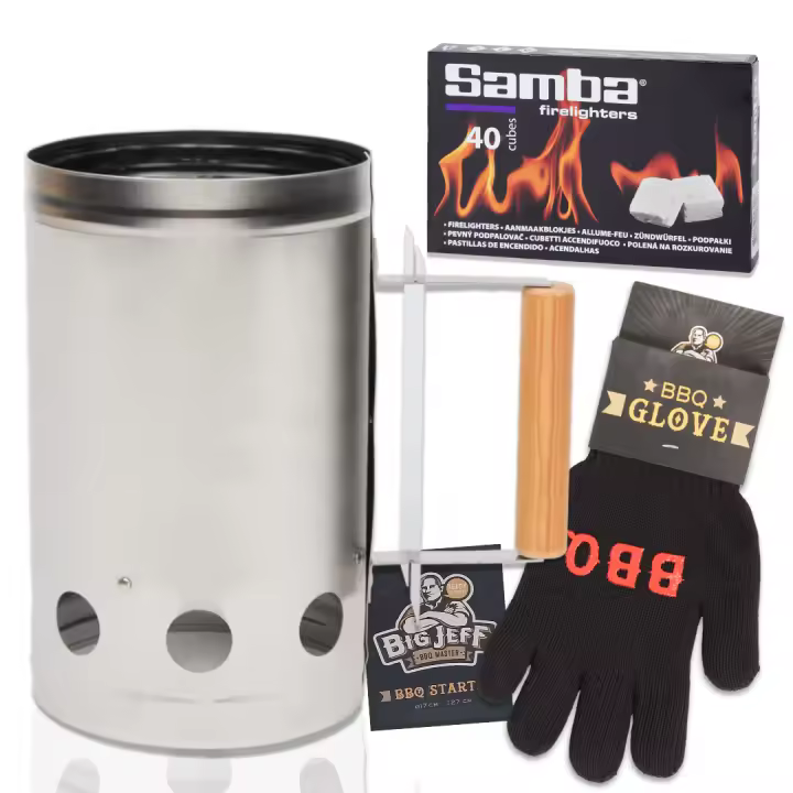 Encendedor  Barbacoa de Carbón Big Jeff | Chimenea de Acero Inoxidable con Mango de Madera | Rápido, Seguro y Eficiente | Incluye Guante Térmico BBQ 250 °C + 40 Pastillas de Encendido Samba - 1