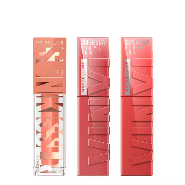 Maybelline New York | Kit estacional de tonalidades de Otoño. Con el colorete bronceador Sunkisser, en Tono Sol Search,y  el pintalabios Superstay Vinyl Ink efecto vinilo fijo con duración hasta 16h, en Tono 15 Peachy y en Tono 10 Lippy - 1