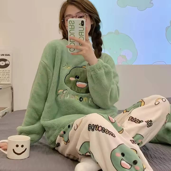 Conjunto Pijama Invierno Mujer Franela Suave - Estampado Dinosaurios Cuello Redondo Mangas Largas 2 Piezas Poliéster - 1
