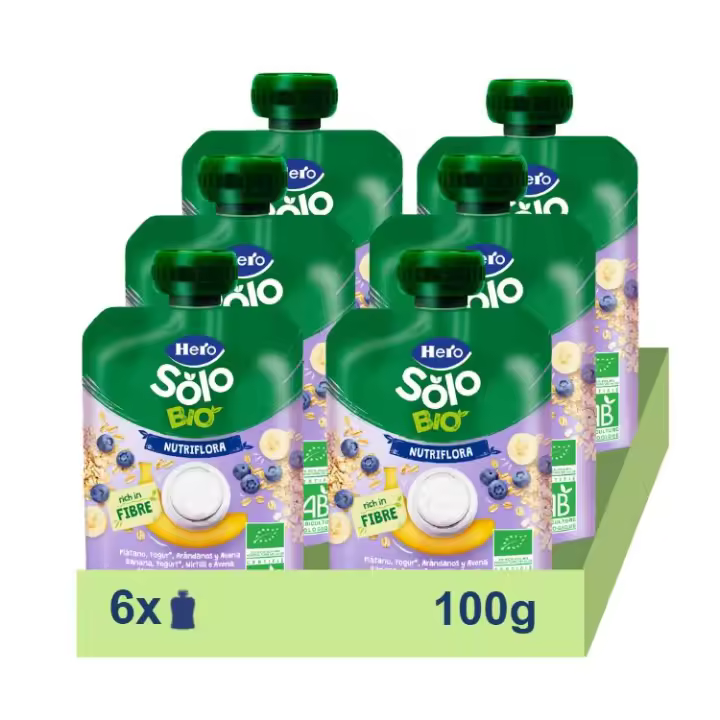 Hero Solo pack de bolsitas bio plátano yogurt arándanos avena ricas en fibra y 100% ecológicas. Para bebés de a partir de 6 meses. 6x100g - 1