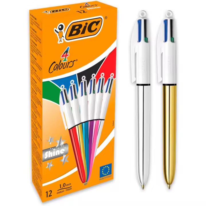 BIC 4 Colores Shine Bolígrafos Punta Media (1,0 mm) - Diseño Metalizado en Colores Surtidos, Caja de 12 Unidades - 1
