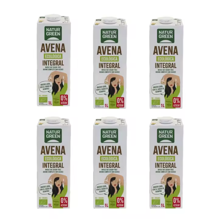Bebida de Avena Integral Bio 0% Azúcar | Pack de 6x | 1L | Vegana | Ecológica | Fuente natural de fibra | NATURGREEN - 1