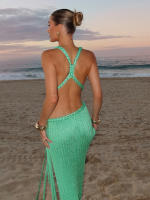 Vestido De Encaje Sin Espalda Nibber Para Mujer Con Abertura Irregular Y Cuello En V Cruzado En La Banda Baja Y Laterales Para Fiestas De Playa Y Vacaciones - details 10