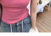 Top Corto De Verano Para Mujer Sin Mangas En Estilo Casual Suéter De Encaje Con Ribbing Solido Camiseta De O-Neck Moda Urban Streetwear - details 4