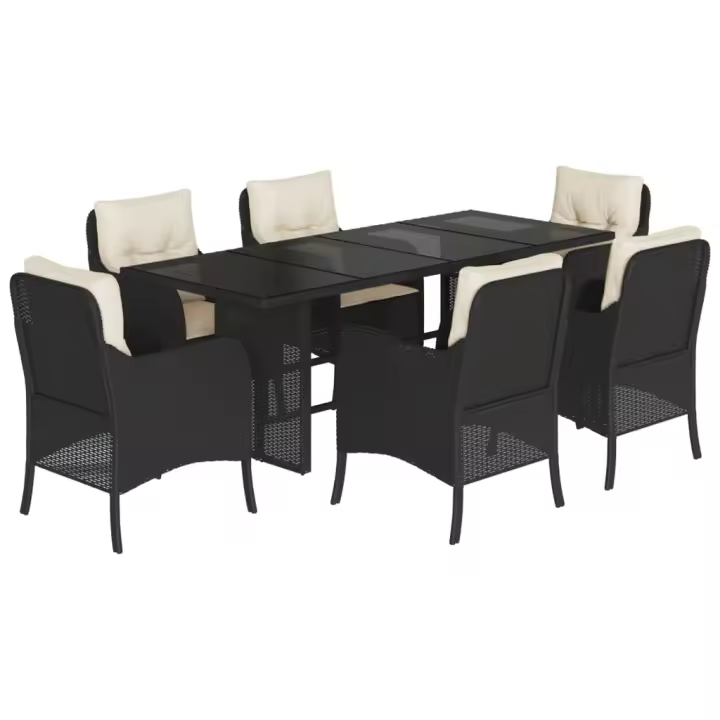 vidaXL Set de comedor de jardín 7 pzas y cojines ratán sintético negro - 1