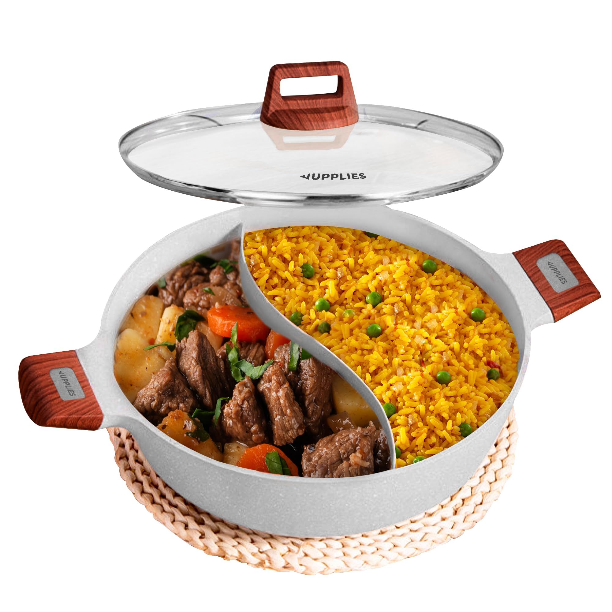 JUPPLIES - Cacerola de Cocina 18 cm con Separador para Doble Cocinado - Sarten de Aluminio Fundido y Antiadherente con Tapa de Cristal - Para Todo Tipo de Cocinas - Inducción y Vitroceramica