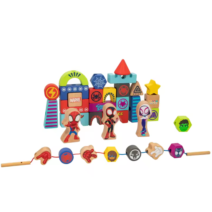 WOOMAX Spidey y su superequipo Juego de bloques de madera y formas para enlazar, Bloques de construcción madera para niños / Juego para armar castillos, murallas y defensas / Bloques de colores - 1