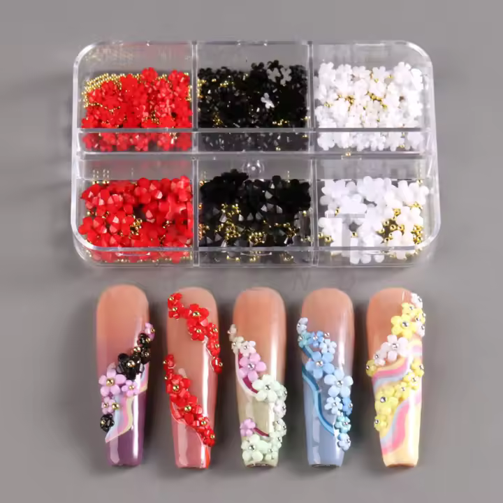 6 Grillas De 3D Flores Blancas Acrílicas Con Cuentas De Acero Para Diseño De Uñas Accesorio De Joyería DIY SASZCT-150 - 1