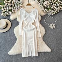 Vestido Largo De Mujer Con Cuello En V Y Manga Larga Blanco Elegante Con Cierre De Lazos Estilo Callejero Alta Moda Para Otoño Y Playa - details 12