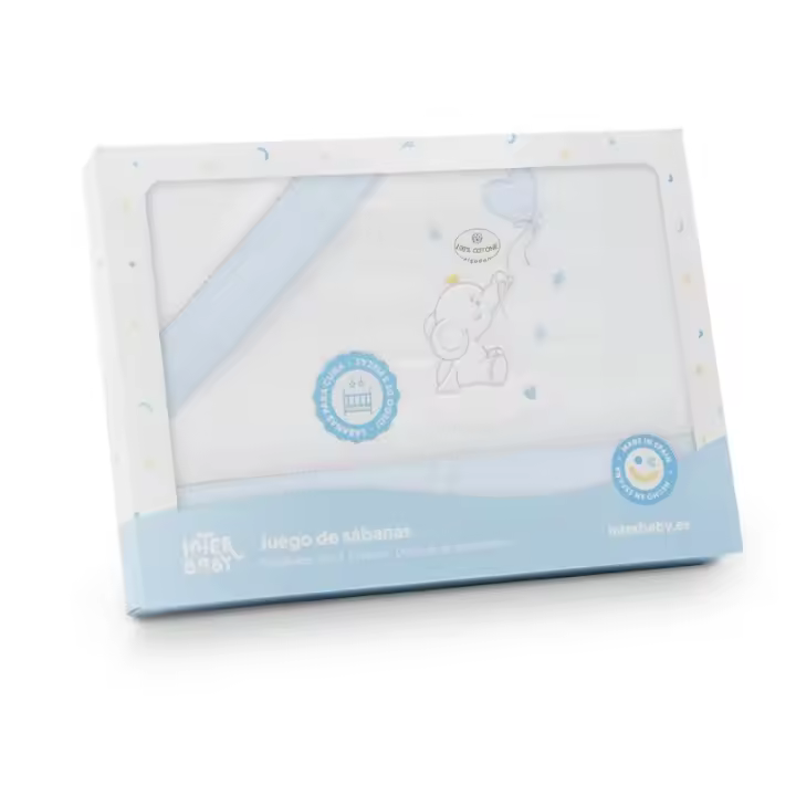 Sábanas Minicuna 100% Algodón  50X80 (bajera+encimera+funda almohada) Modelo Elefante globo Interbaby - 1