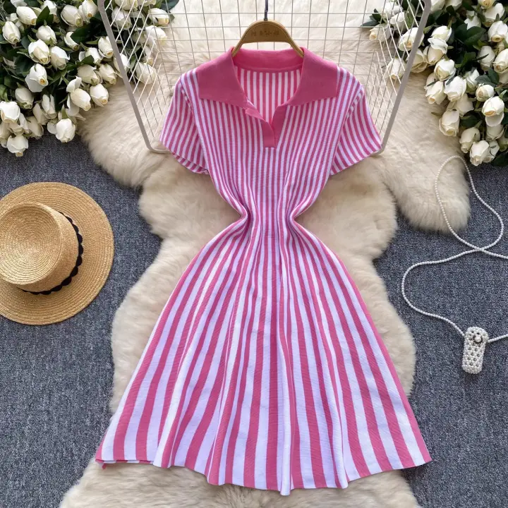 YuooMuoo Vestido Corto A-Line De Moda Y2K Para Mujer Manga Corta Estilo Casual Rayado Tejido Suave Vestido De Verano Para Calle Mujeres - 1