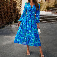 Vestido Bohemio Casual De Maxi Para Mujer Con Estampado V-Neck Manga Larga Cintura Alta 4 Colores Poliéster Para Playa Y Vacaciones - details 2