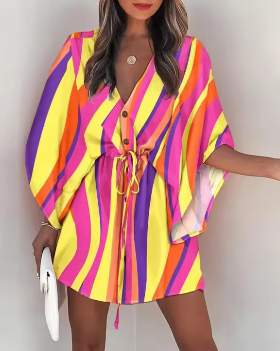 Vestido Casual De Verano Para Mujer Con Estampado Y Volante Estilo Playa Cuello En V Manga Batwing A-Line Largo Mini - 1