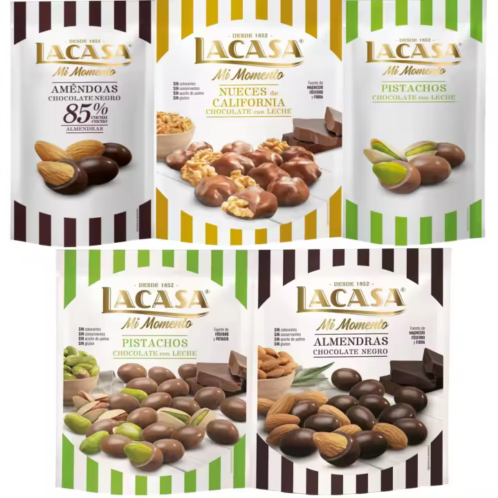 Lacasa Mi Momento pack de 5:Pistacho Chocolate Leche,Almendra 85% ,Nueces Chocolate Leche ,Almendra Chocolate Negro ,Pistacho Chocolate Leche - 1