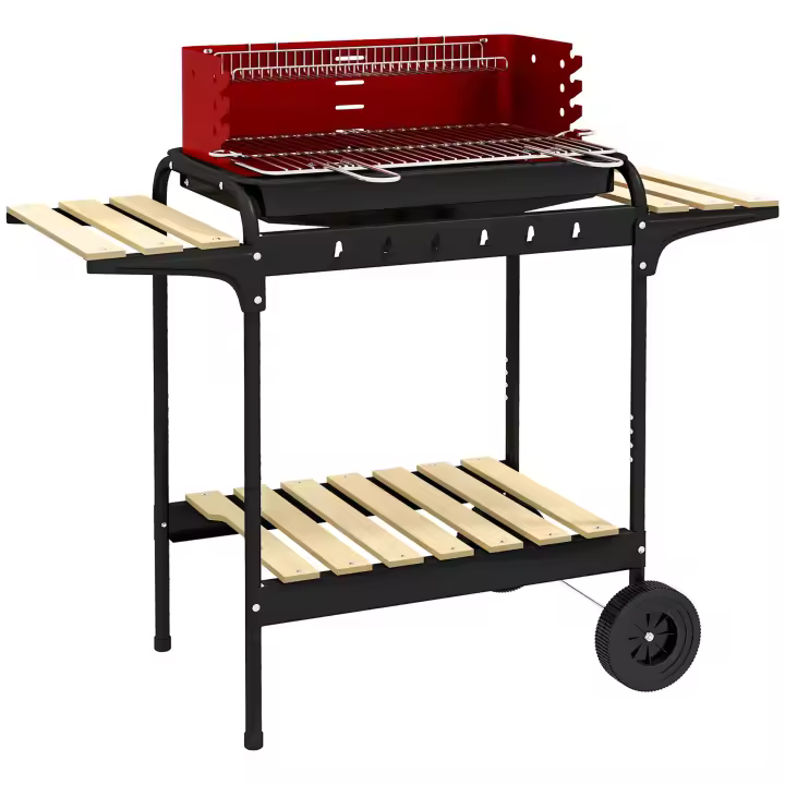 Outsunny Barbacoa de Carbón con Ruedas Barbacoa Portátil 103x47x95 cm con Parrilla Ajustable en Altura de 5 Niveles Estantes y 6 Ganchos para Pícnic Camping - 1