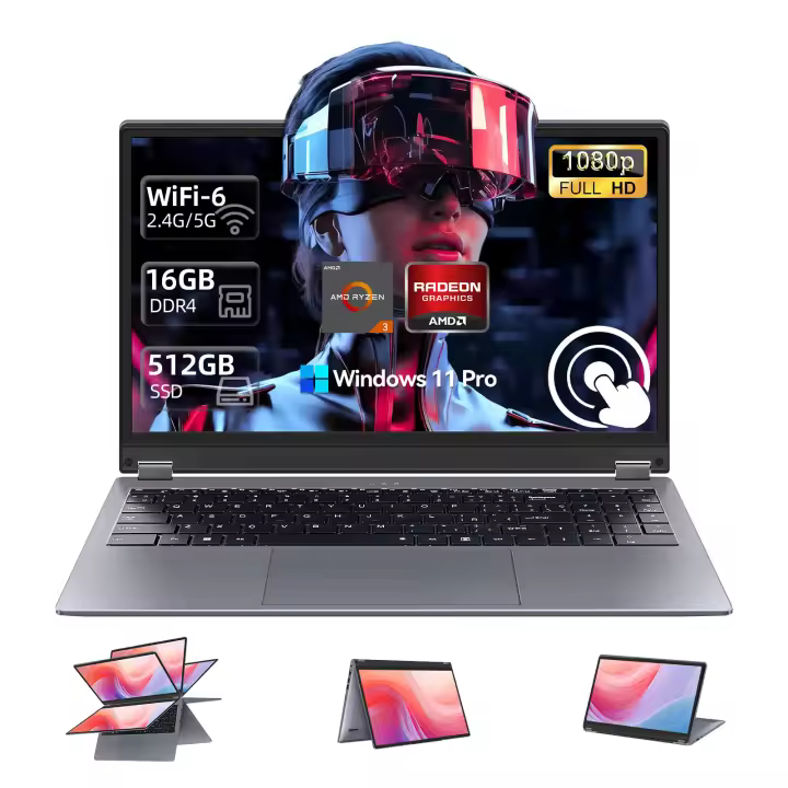 VANWIN Portátil 2 en 1 de 15,6 pulgadas con 16 GB de RAM y 512 GB de SSD, AMD Ryzen™3 3200U (Hasta 2,6 GHz) y Windows 11 Pro, IPS FHD, wifi5, Tipo-C, USB 2,0*2, USB 3,2*1, HDMI, RJ45, rotación de 360 Grados Pantalla y teclado en Español. - 1