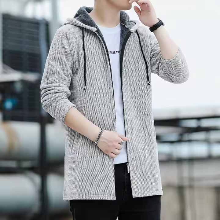 Chaqueta De Punto Para Hombre Con Capucha Y Forro De Plush Thicken Cardigan De Invierno Estilo Casual Cierre De Cremallera Manga Larga Color Sólido - 1
