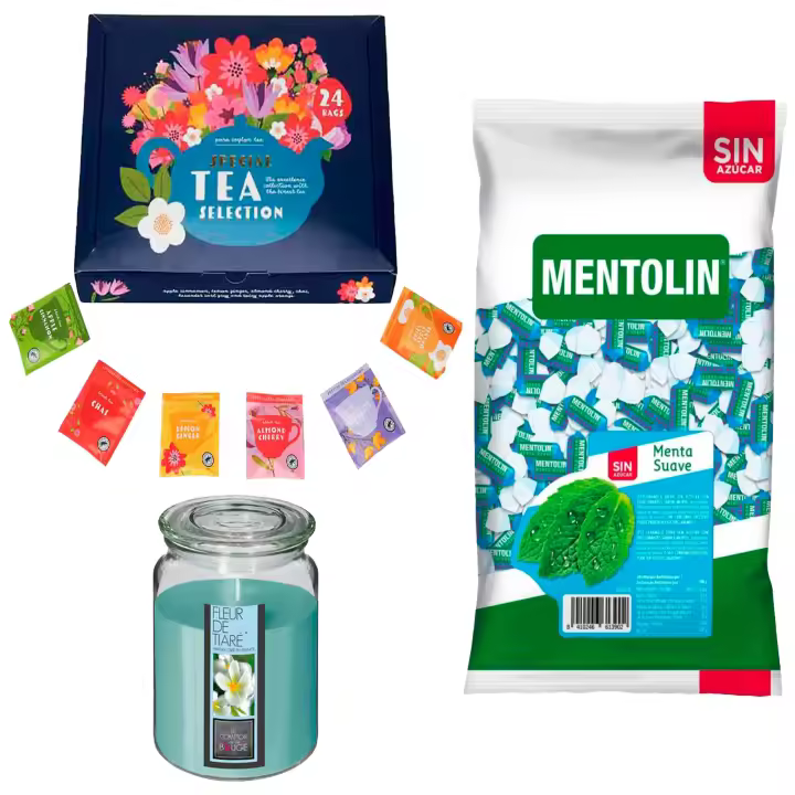 Pack bienestar: MENTOLIN MENTA SUAVE S/A BOLSA 1KG + Vela perfumada con flor tiare + Set de Te con 24 bolsitas con diferentes sabores y aromas - 1
