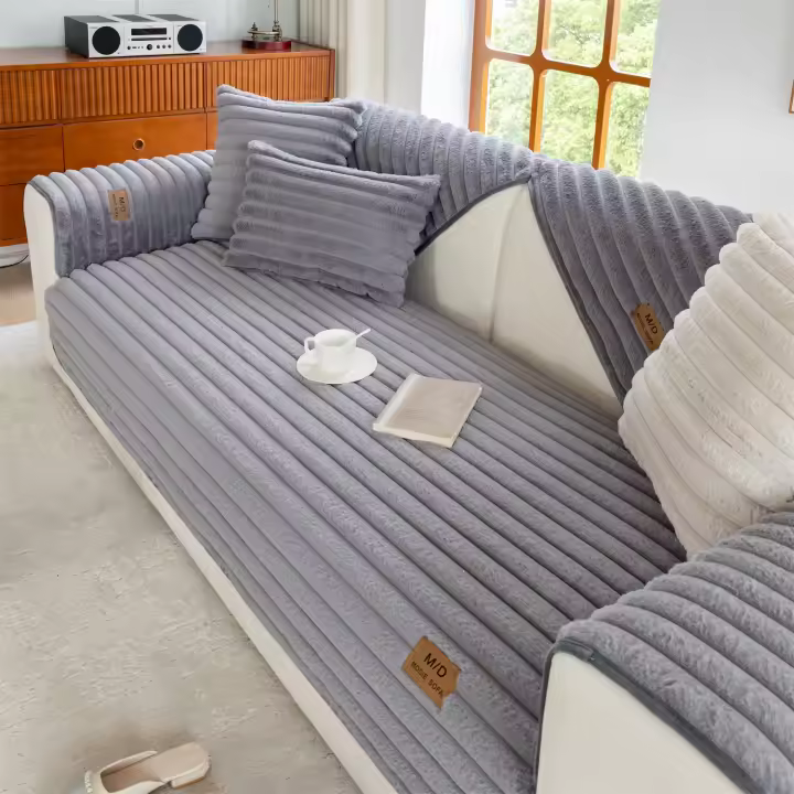 Funda De Sofá De Peluche Imitación De Zorro Con Rayas Antideslizante Cubierta Para Muebles De Sala De Estar Tapete De Cojín - 1