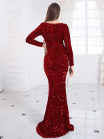 Vestido De Noche Largo En Rojo Real Con Lentejuelas Y Ajuste Corporal Manga Larga Estilo Mermaid Para Fiesta Vestido Sexy Y Club - details 13
