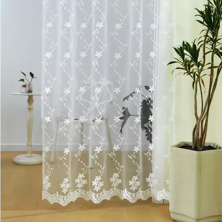 Cortina Blanca Con Patrón De Flor Estilo Romántico Dulce Translúcida De Gasa Para Decoración De Sala De Estar Hecha De Poliéster Tela De Voile Bordada - 1