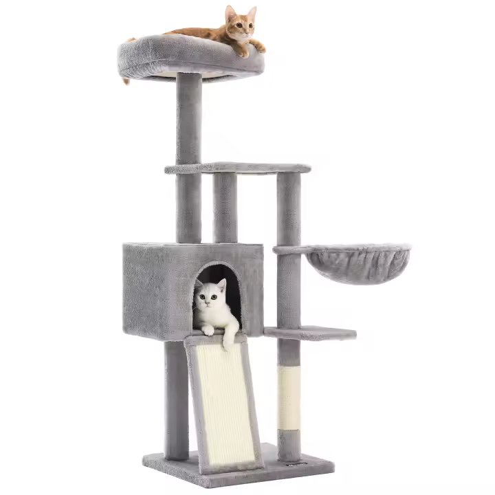 FEANDREA Árbol para Gatos Pequeños, 135 cm, Condominio para Gatos de Felpa de Varios Niveles, con Cubierta de Plataforma Extraíble y Lavable, Rascador, Cesta, Cueva, Gris Oscuro/Gris Claro - 1