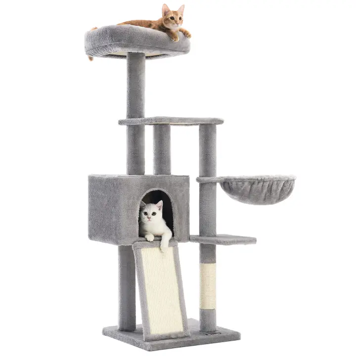 FEANDREA Árbol para Gatos Pequeños, 135 cm, Condominio para Gatos de Felpa de Varios Niveles, con Cubierta de Plataforma Extraíble y Lavable, Rascador, Cesta, Cueva, Gris Oscuro/Gris Claro - 1