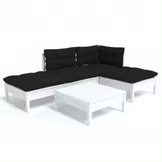 VIDAXL conjunto de muebles para jardín de 5 piezas con cojines en madera de pino con acabado blanco y cojines negros - 1