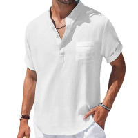 Camisa De Algodón Y Lino Para Hombres Verano Cuello Henry Camiseta Casual Manga Corta Ropa Masculina Transpirable Y Ligera - details 2