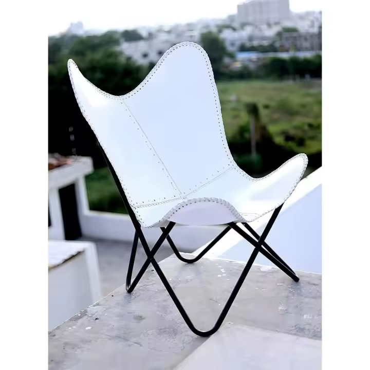 Silla de mariposa de cuero blanco vintage hecha a mano cubierta de reemplazo de silla de brazo relajante - 1