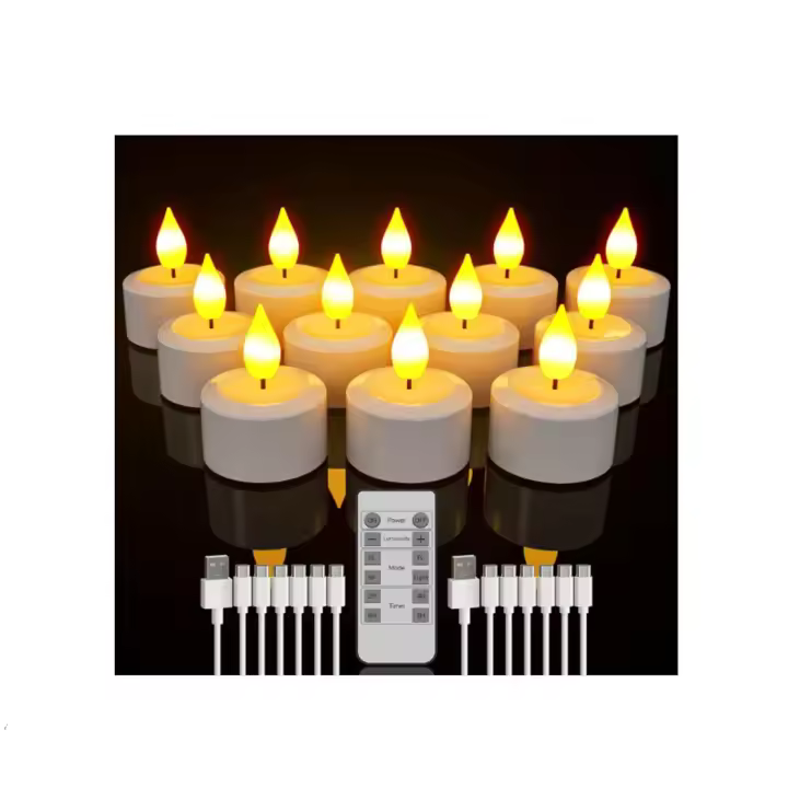 Velas de té recargables, 12 velas LED sin llama con temporizador de control remoto, luz de vela con cables de carga USB para el hogar, habitación, mesa, Halloween, decoraciones de Navidad - 1