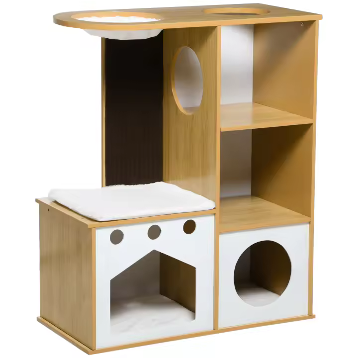 PawHut Árbol Rascador para Gatos de Madera 92,5 cm Torre para Gatos para Gatitos de Interior con 2 Cuevas Rascador Hamaca y Cojines de Felpa 76x37x92,5 cm Roble - 1